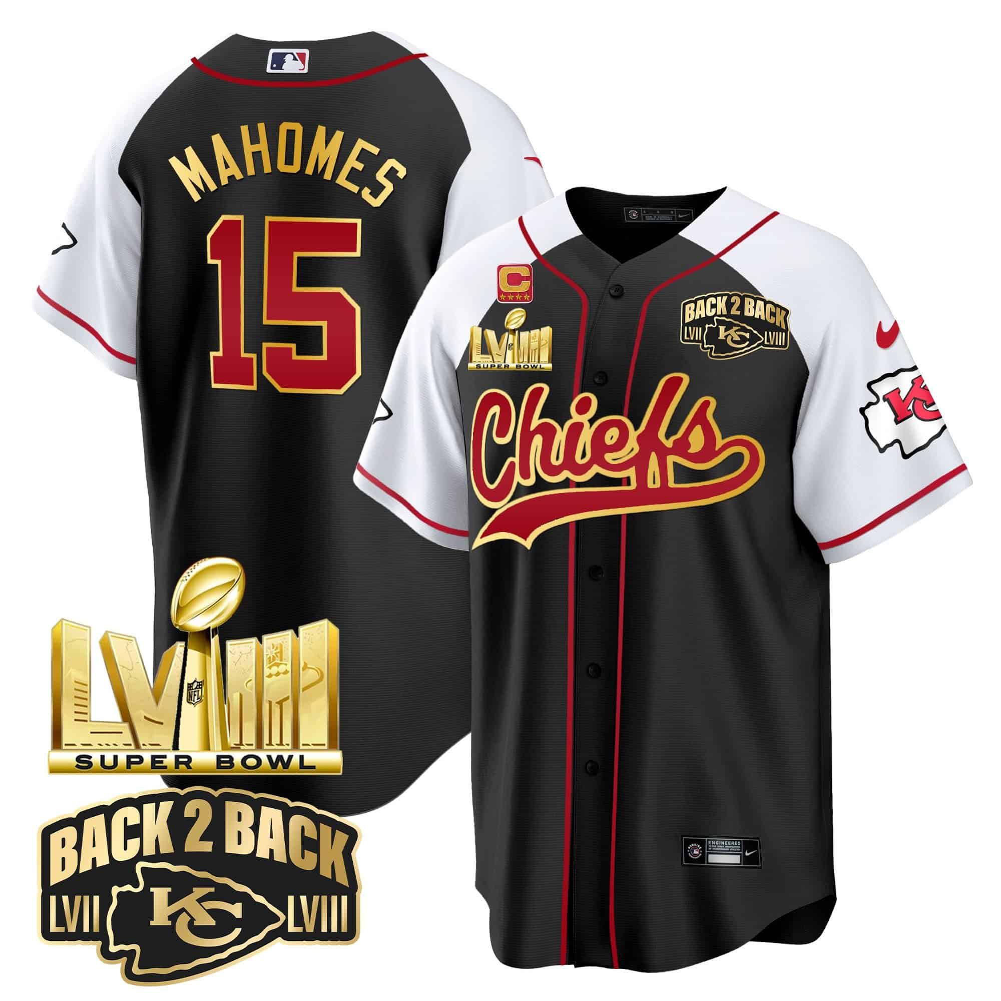 Men Kansas City Chiefs 15 Mahomes Black 2024 Nike Super Bowl LVIII Back 2 Back Gold Patch Baseball NFL Jersey style 1